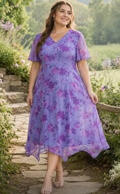 New Phool floral midi flutter sleeve spring summer dress hanky hem L petite